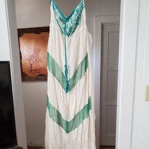 Strapless cream and teal dress